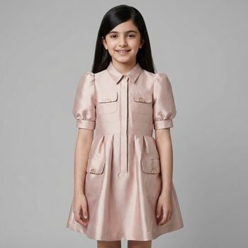 Girls Pink Satin Puff Sleeve Dress