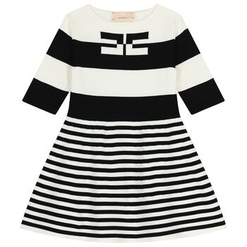 Girls White & Black Knitted Striped Dress