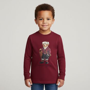 Boys Burgundy Polo Bear Long Sleeve Top