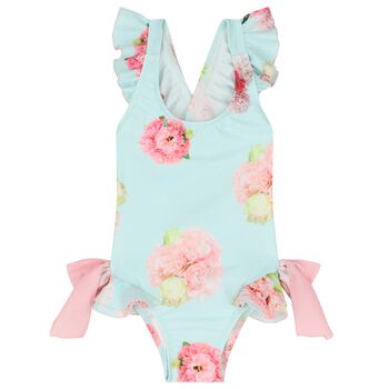 Girls Blue Floral Ruffled Swimsuit