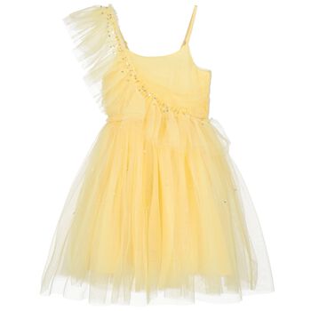 فستان بنات تول بطيات باللون الأصفر