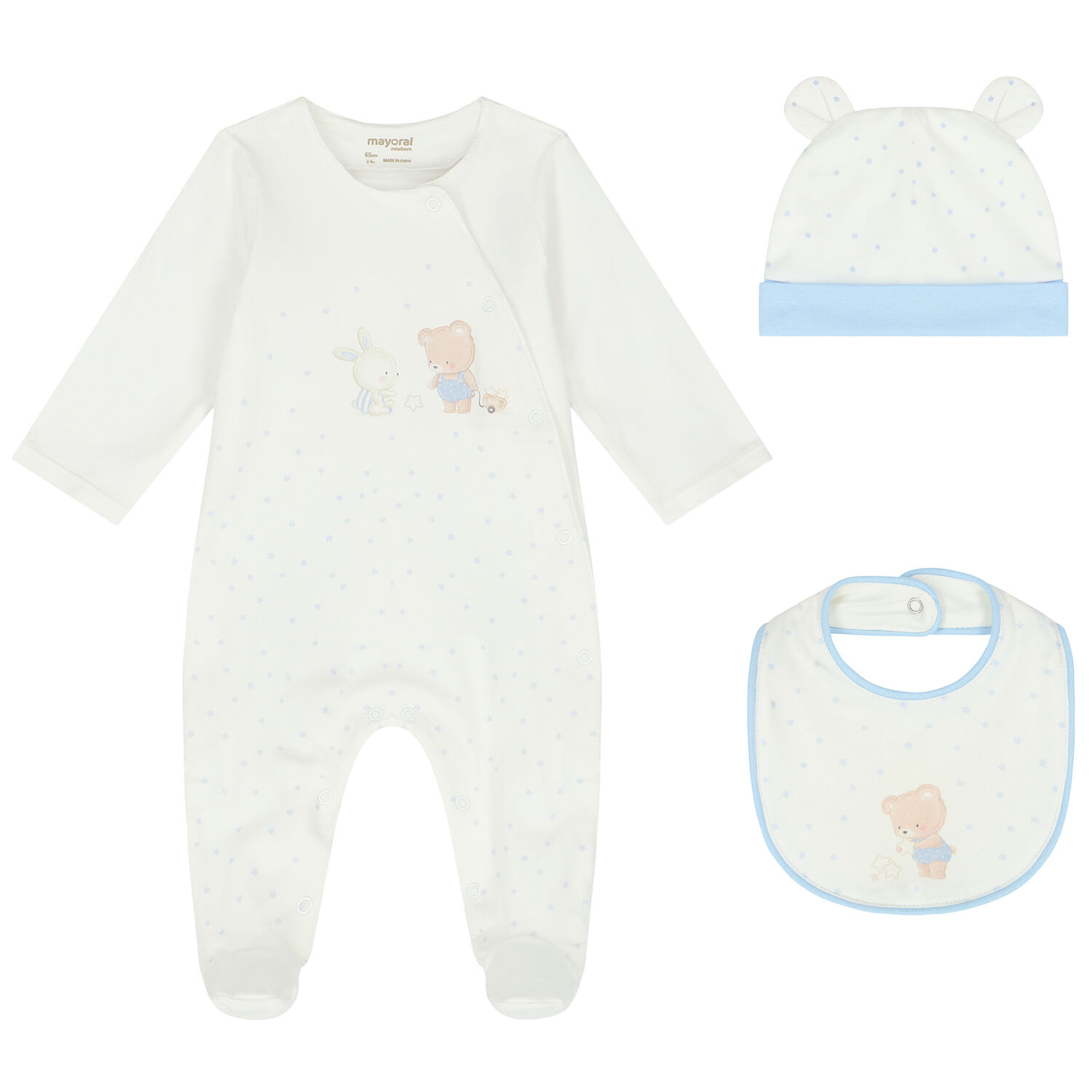 Boys Ivory & Blue Babygrow, Hat & Bib Set, 3, hi-res