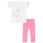 Girls White & Pink Cotton Leggings Set, 1, hi-res