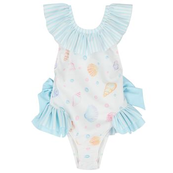 مايوه للبنات بتصميم الأصداف البحرية باللون الأبيض والأزرق