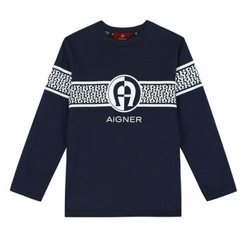 Boys Navy Logo Long Sleeve Top