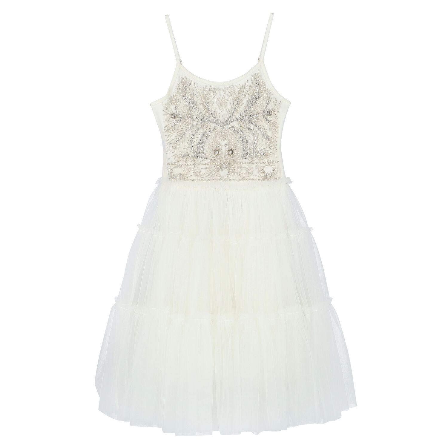 Girl White Embellished Tulle Dress, 1, hi-res image number null