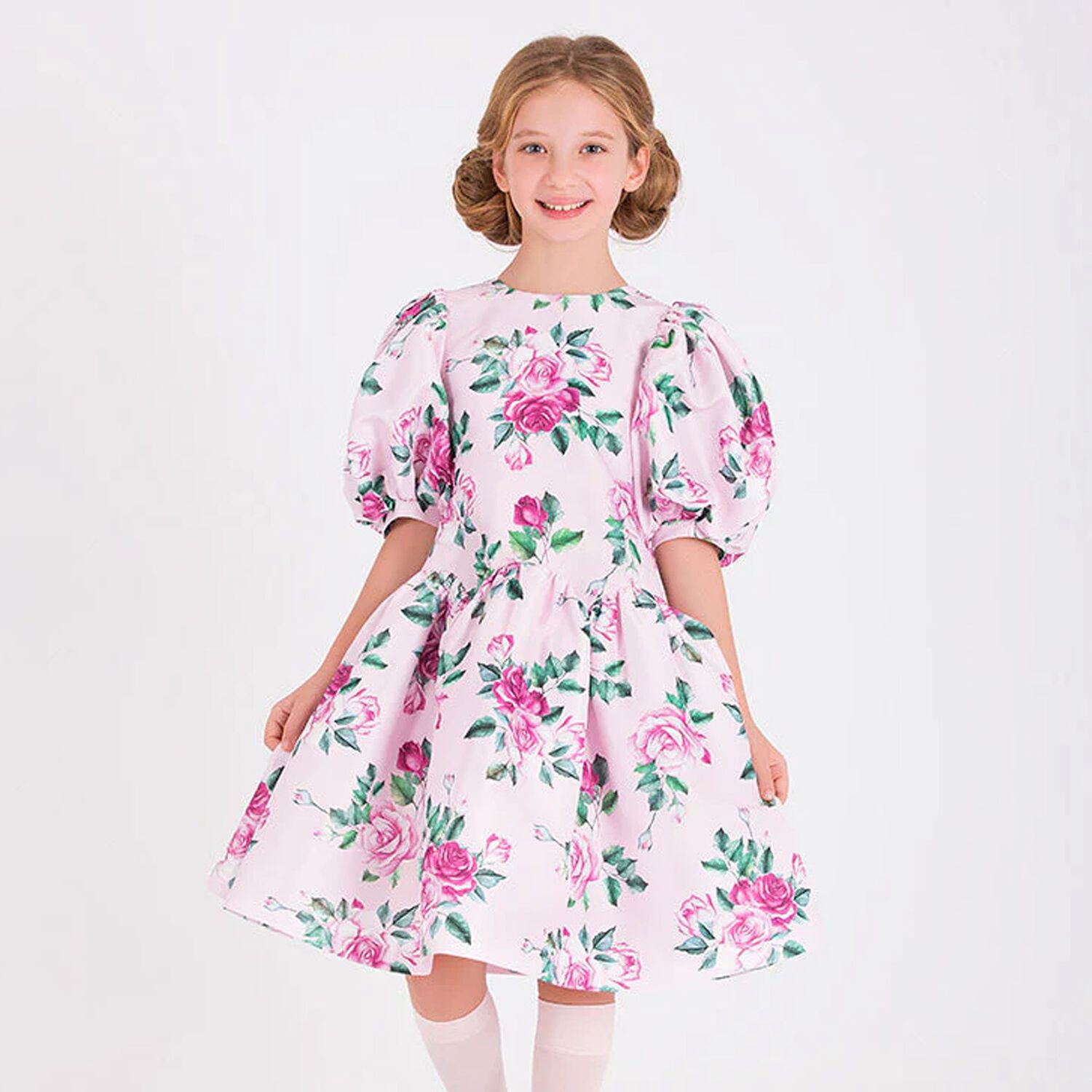 Girls Pink Floral Satin Dress, 1, hi-res