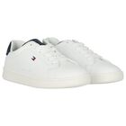 Boys White & Blue Logo Leather Trainers, 1, hi-res