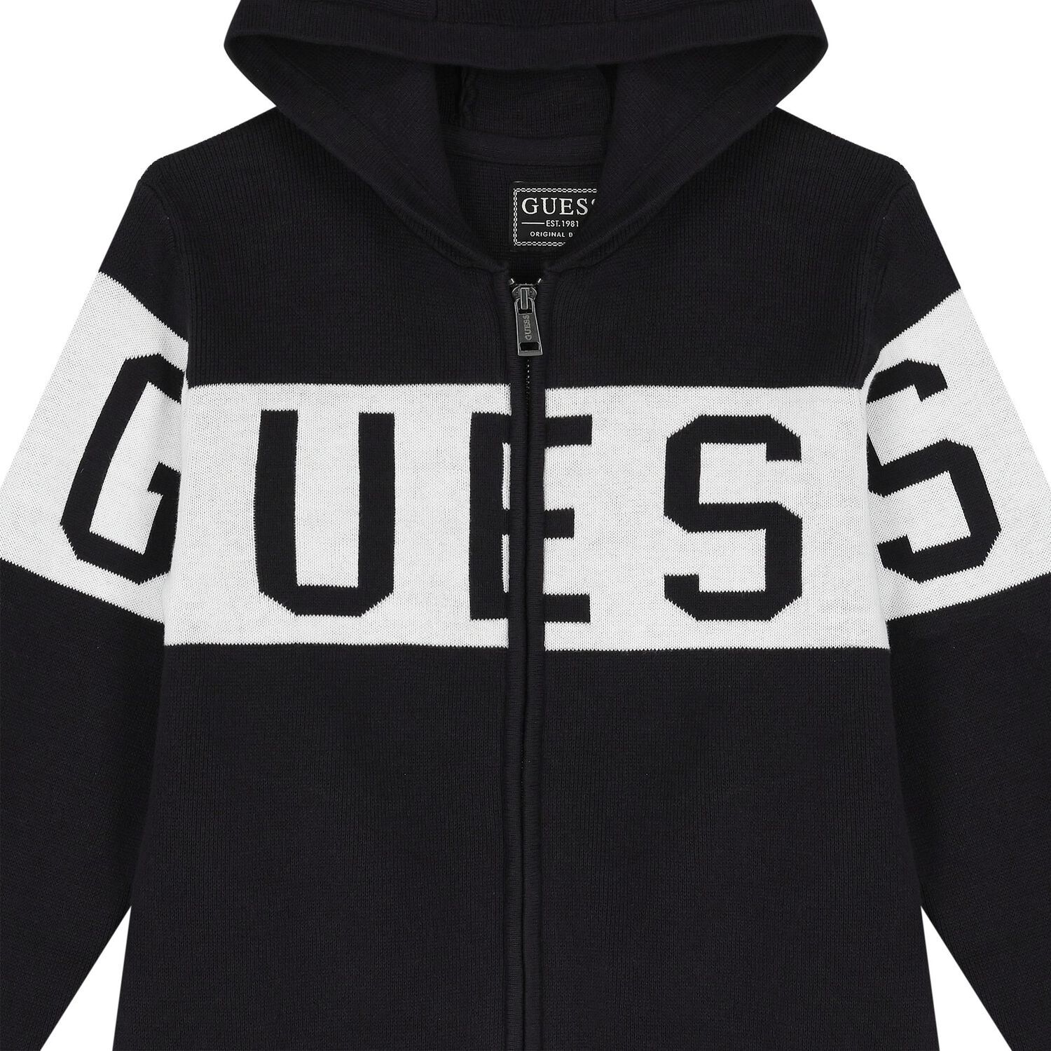 Boys Black & White Logo Knitted Hooded Zip Up Top, 1, hi-res