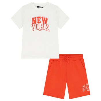 طقم شورت للأولاد بالشعار باللون الأبيض والبرتقالي