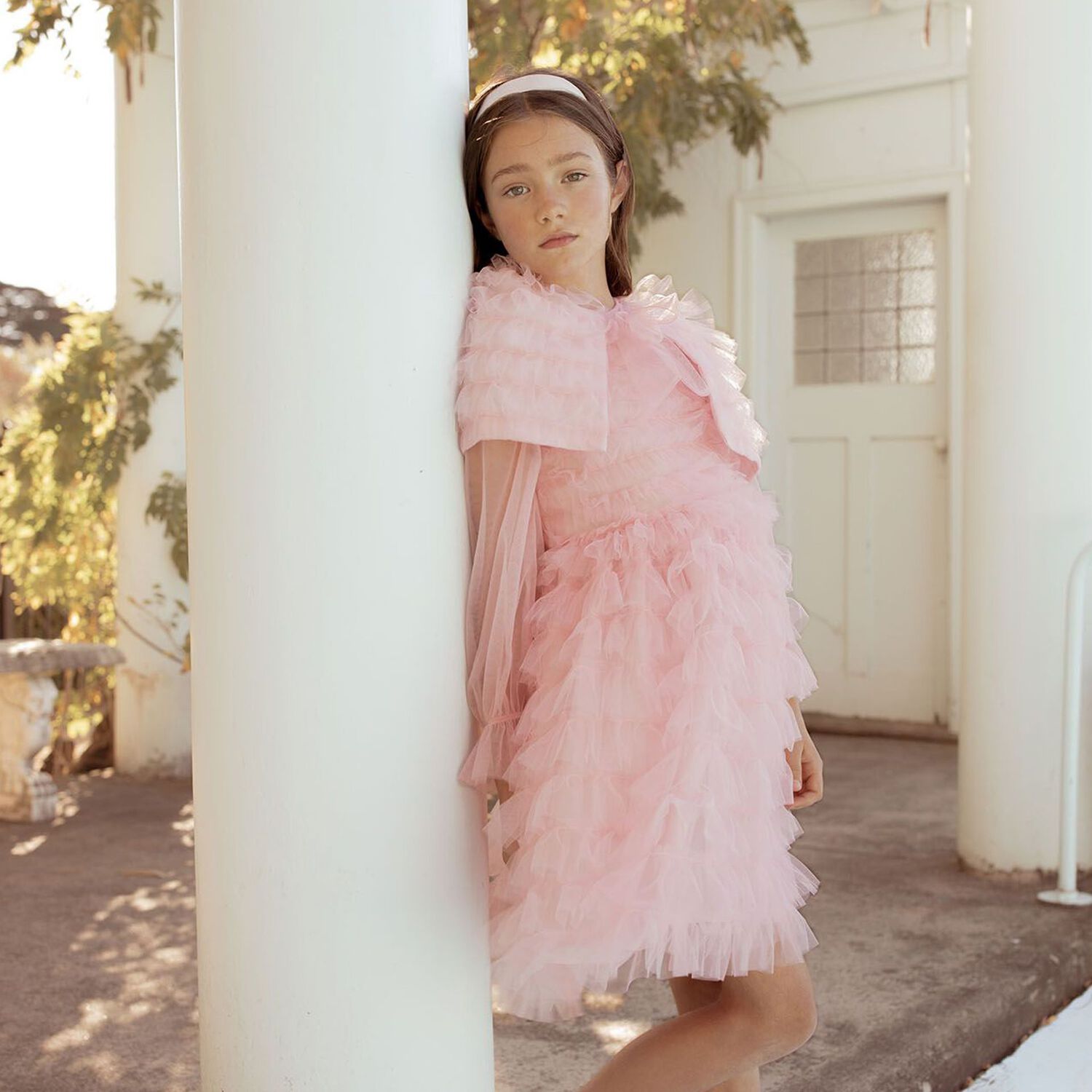 Girls Pink Ruffle Tulle Cape Dress, 1, hi-res
