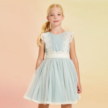 Girls Aqua Embroidered Tulle Dress