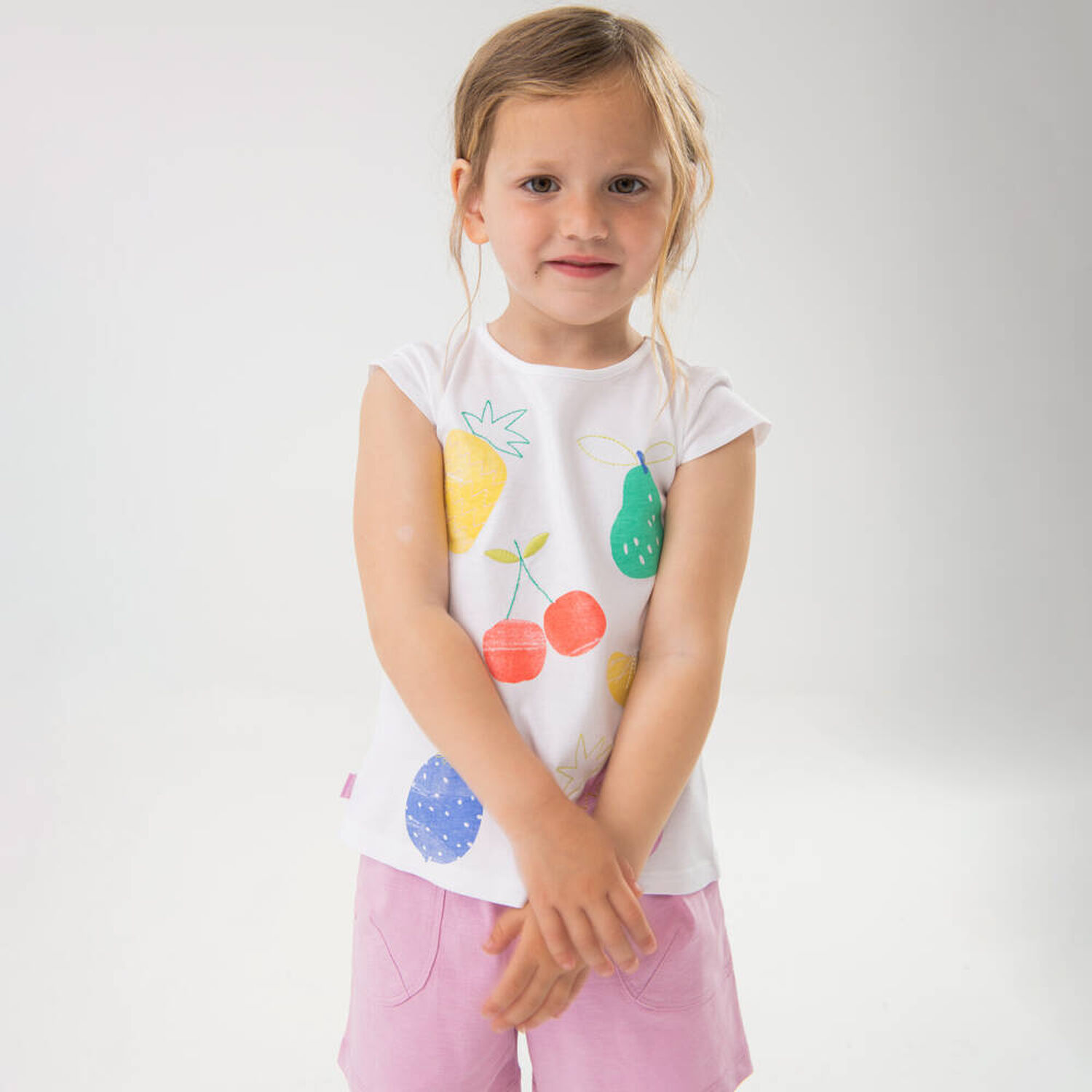 Girls White & Pink Fruits Shorts Set, 1, hi-res image number null