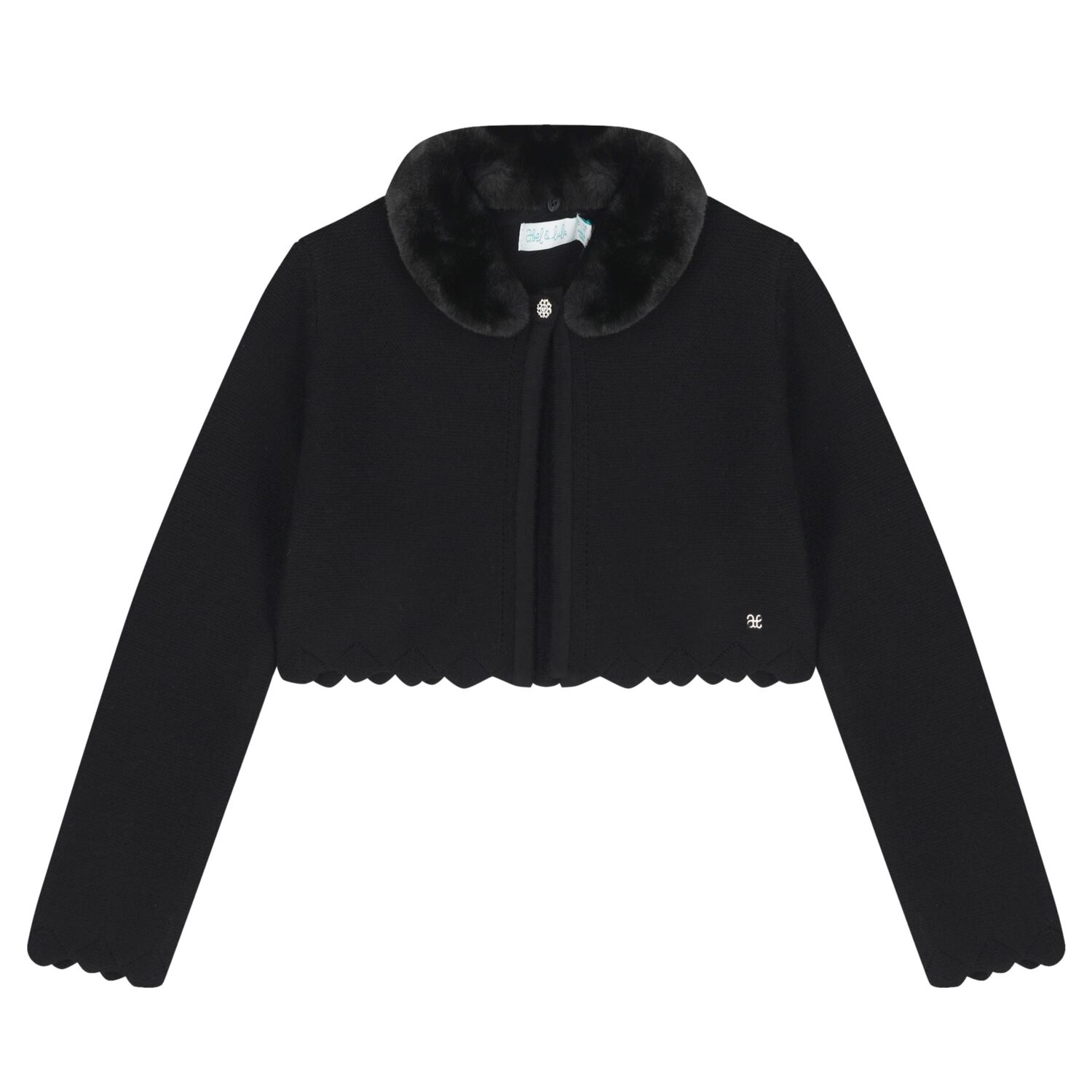 Girls Black Faux Fur Collar Cardigan, 2, hi-res