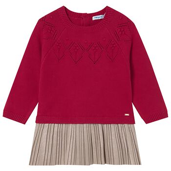 Younger Girls Red & Beige Knitted Dress