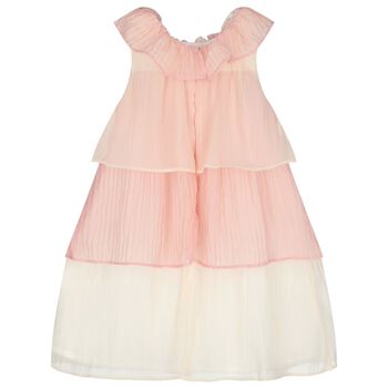 Girls Pink & Ivory Floral Tiered Chiffon Dress