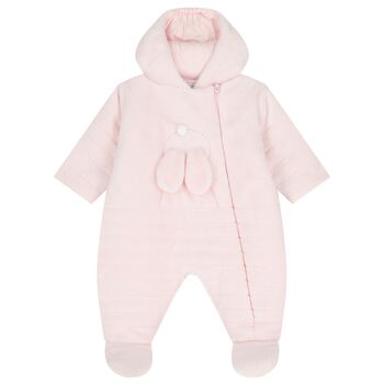 Baby Girls Pink Bunny Fleece Hooded Pramsuit