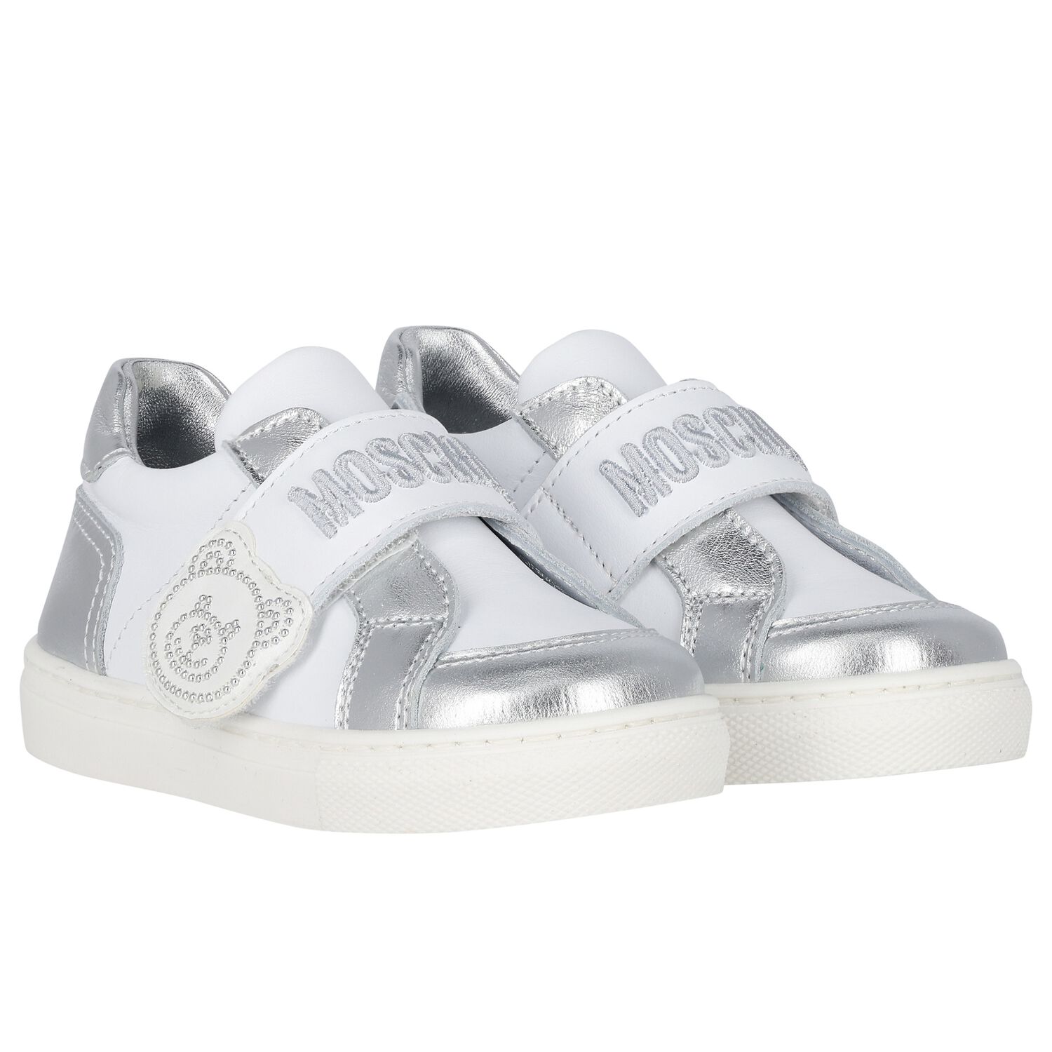 White & Silver Teddy Bear Logo Trainers, 1, hi-res