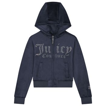 Girls Navy Blue Crystal Embellished Diamant&eacute; Logo Hooded Zip Up Top