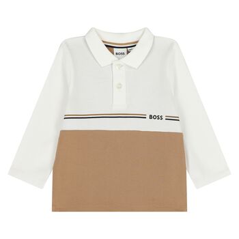 قميص بولو بشعار باللونين الأبيض والبيج للأولاد الصغار