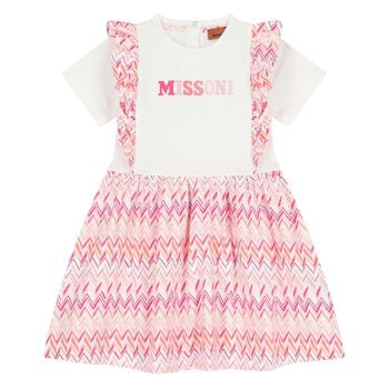 Younger Girls White & Pink Logo Zig Zag Dress
