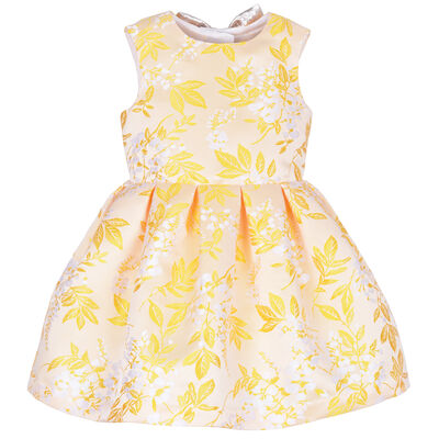 Girls Yellow & White Jacquard Dress