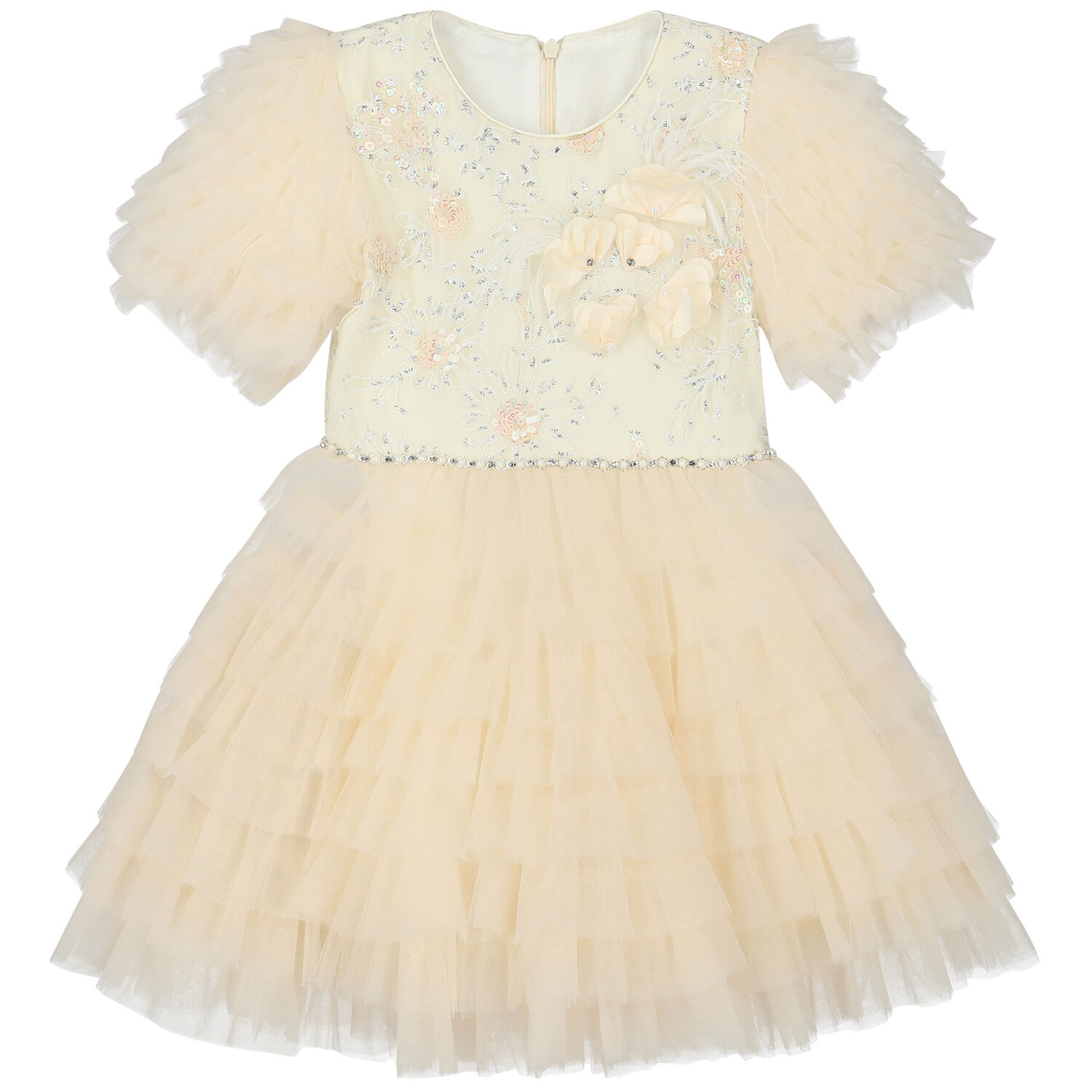 Girls Ivory & White Floral Tulle Dress, 1, hi-res image number null