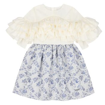 Girls Ivory & Blue Jacquard Dress
