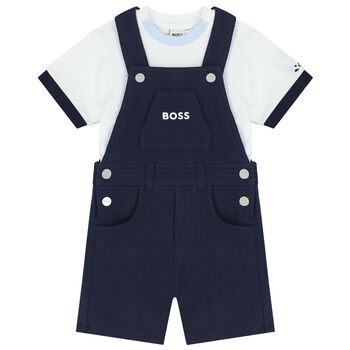 Baby Boys White & Navy Blue Logo Dungaree Set