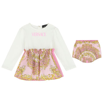 Baby Girls Ivory, Pink & Yellow Barocco Logo Dress Set