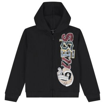 Boys Black Logo Hooded Zip Up Top