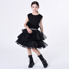 Girls Black Logo Pleated Organza Dress, 1, hi-res
