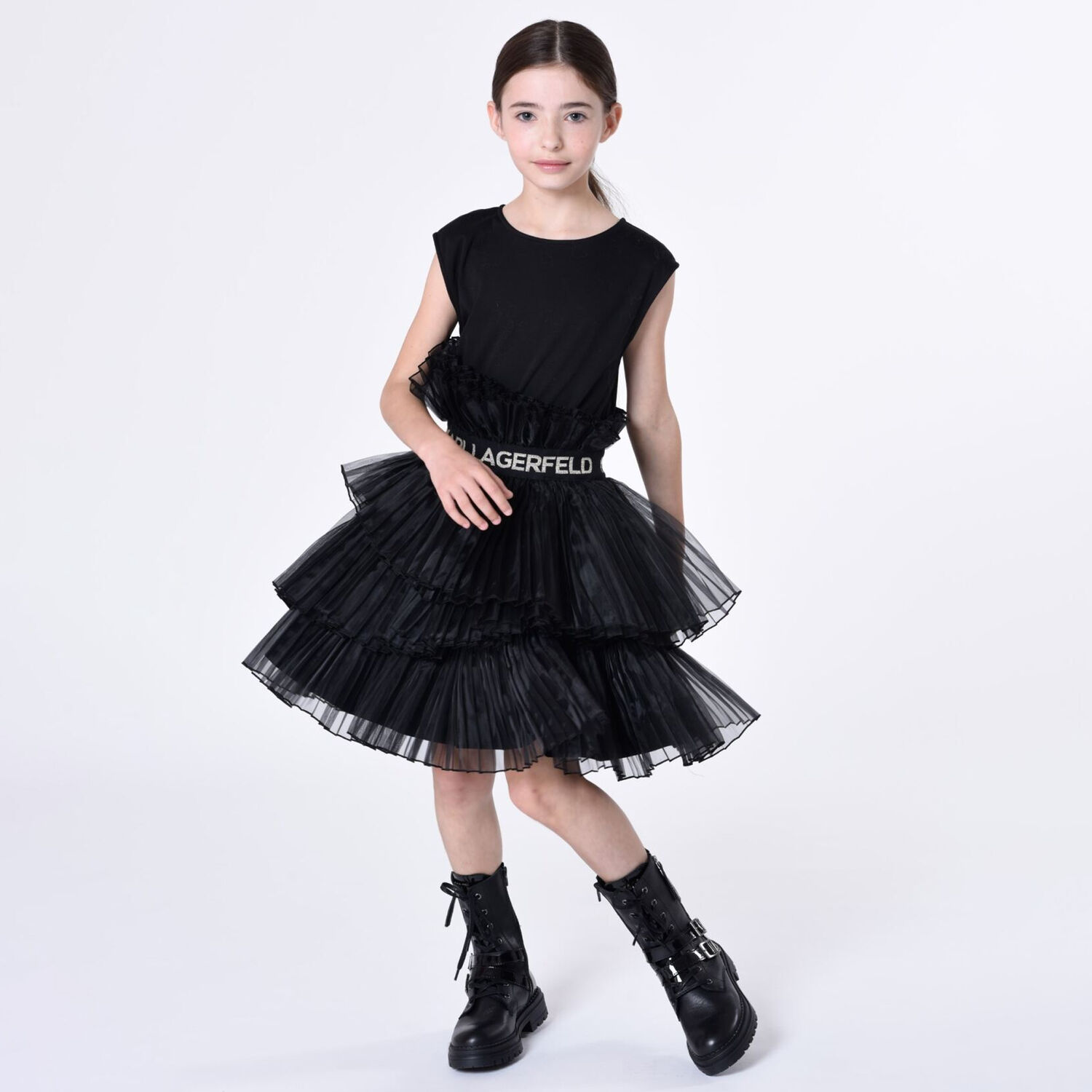 Girls Black Logo Pleated Organza Dress, 1, hi-res