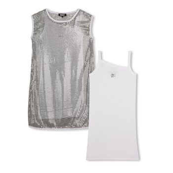 طقم فستان بنات باللون الذهبي والأبيض