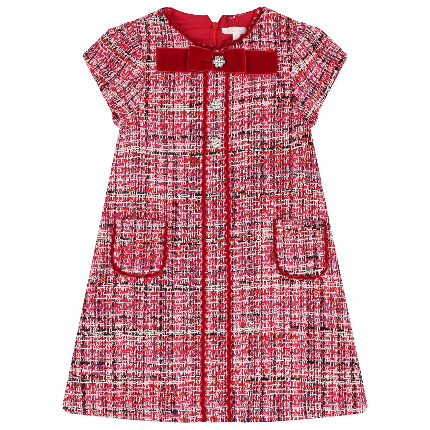 Girls Red Bow Tweed Dress, 1, hi-res