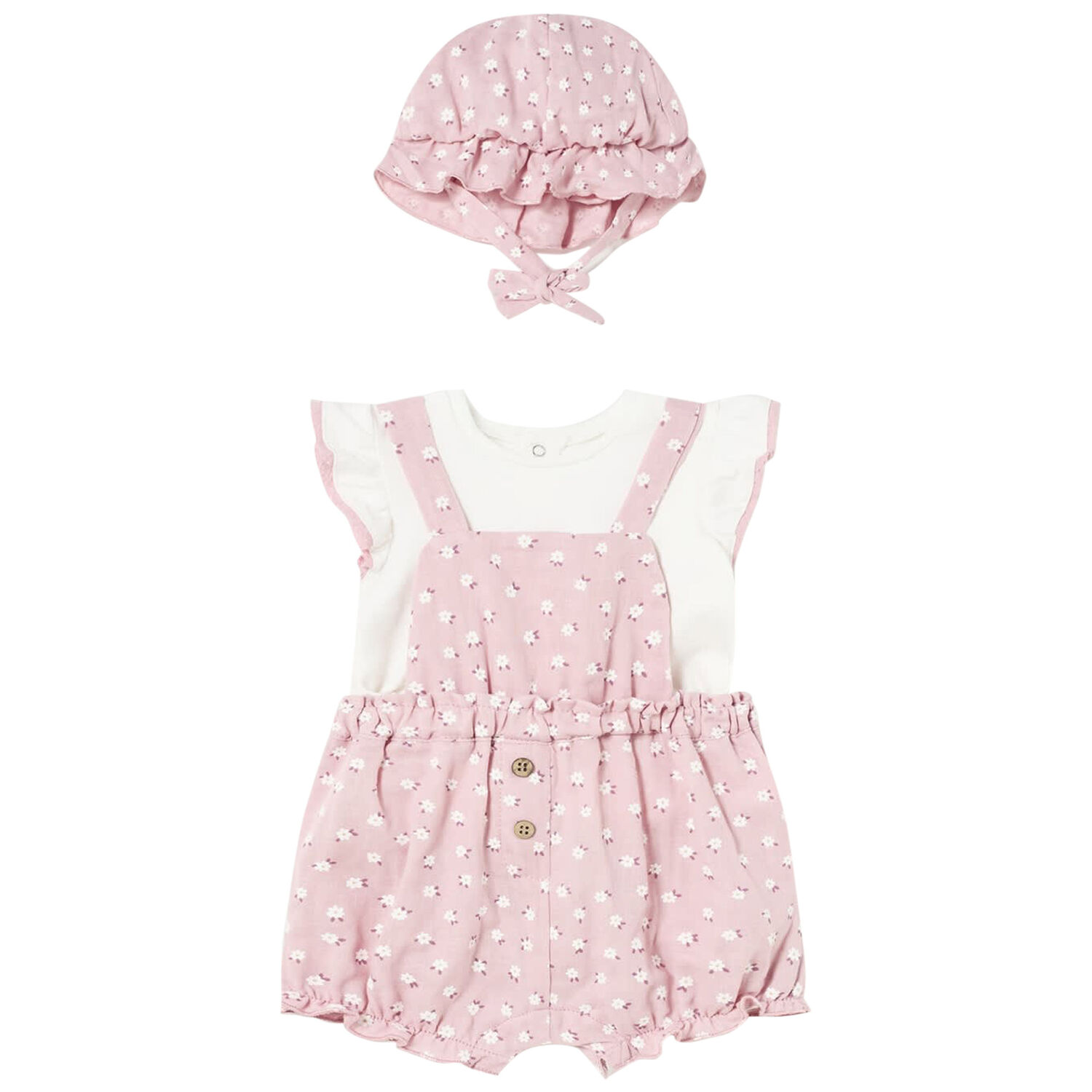 Baby Girls Pink Floral Dungaree & Hat Set (3 Piece), 1, hi-res