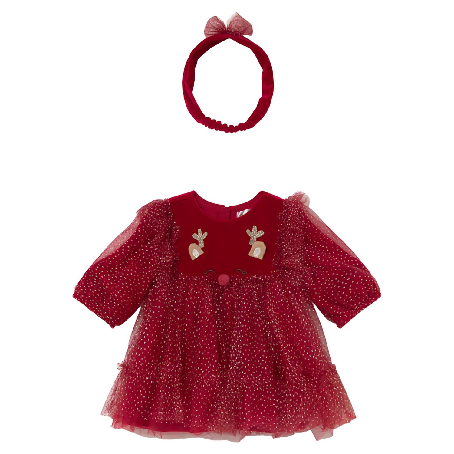 Baby Girls Red & Gold Reindeer Dress Set, 1, hi-res