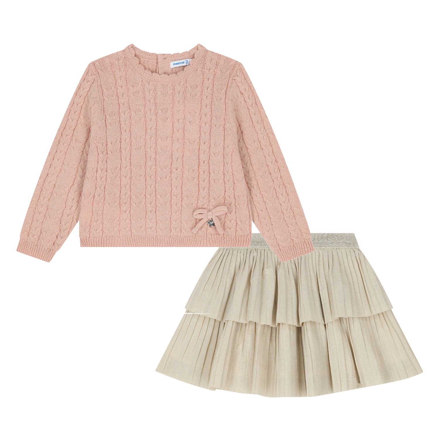 Younger Girls Pink & Beige Cable Knit Skirt Set, 1, hi-res