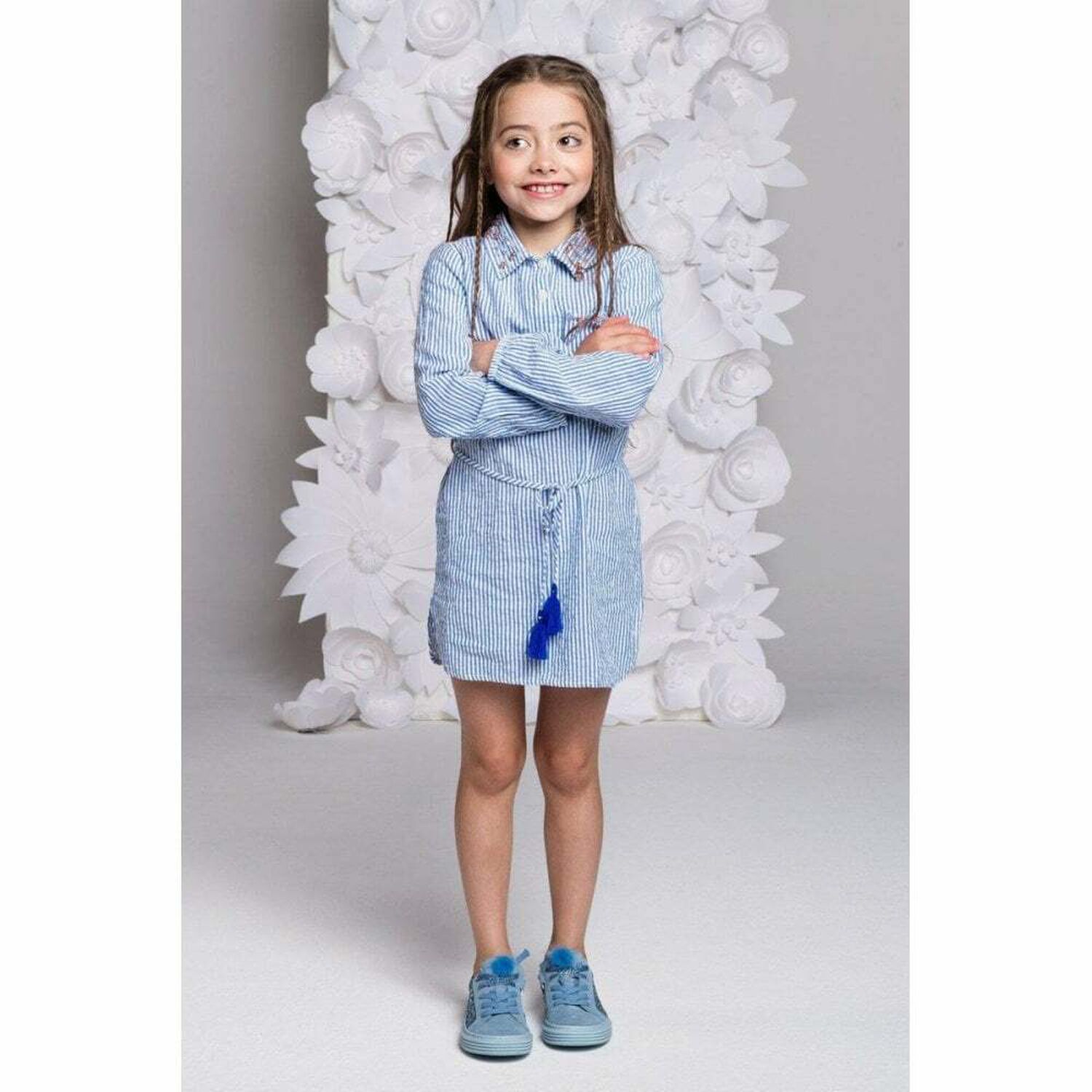 Girls Blue Striped Long Sleeved Dress, 1, hi-res