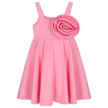 Girls Pink Satin Floral Applique Dress