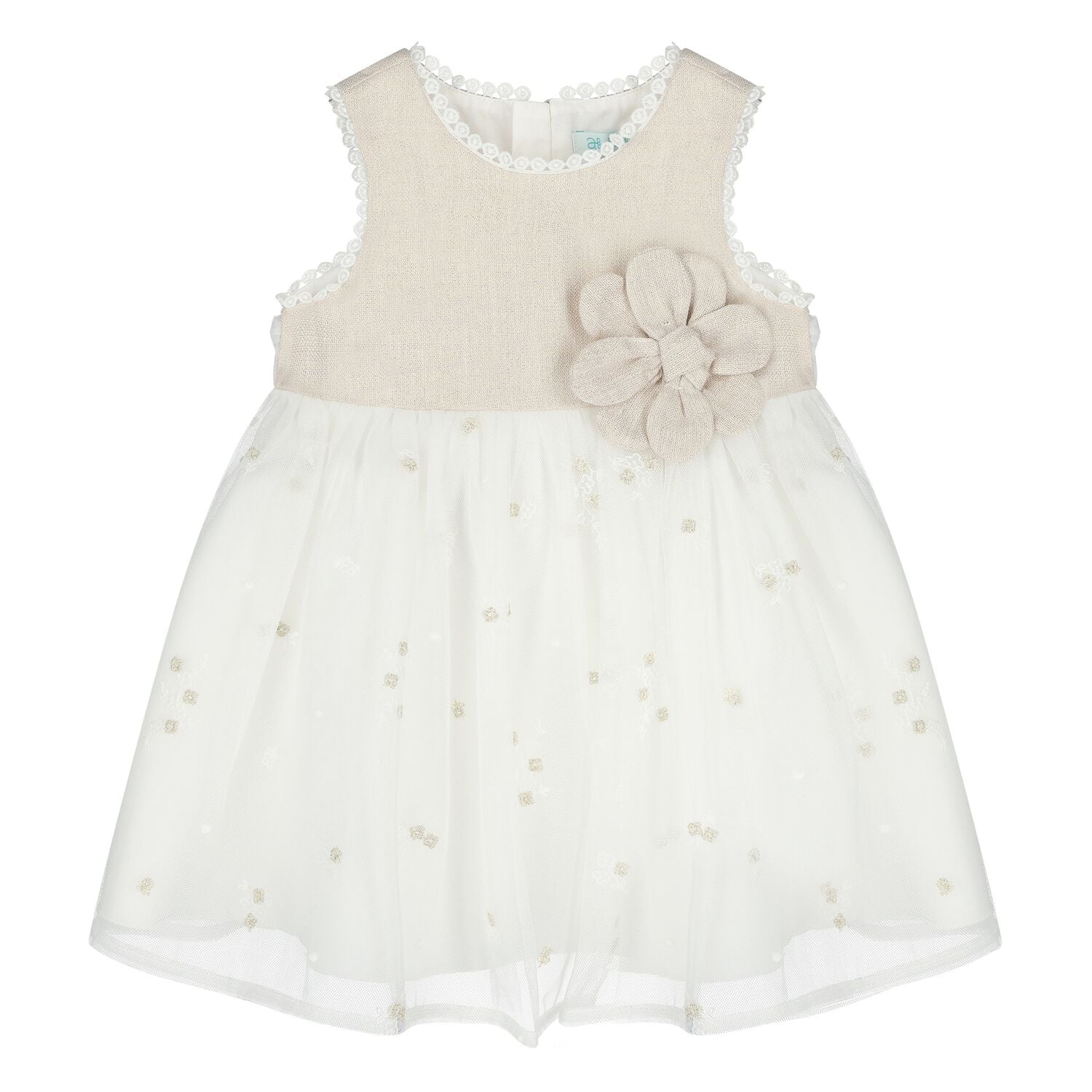 Younger Girls Gold & White Flower Dress, 1, hi-res