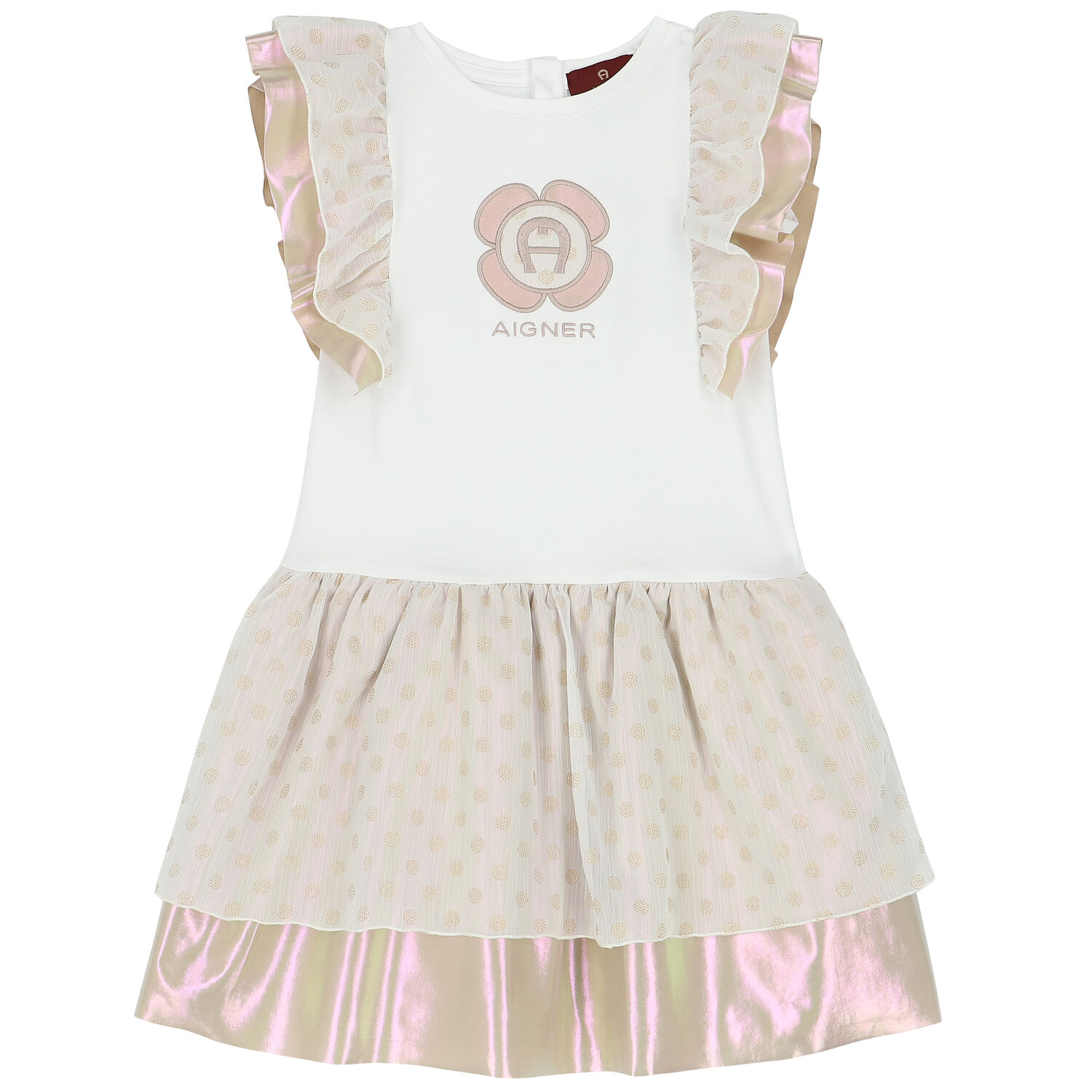 فستان بالشعار باللون الأبيض والذهبي , 1, hi-res