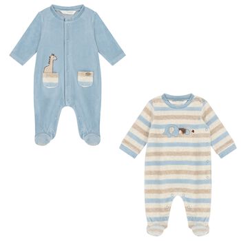 Baby Boys Blue & Beige Babygrows ( 2-Pack )