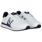 Boys White & Navy Blue Logo Trainers, 1, hi-res