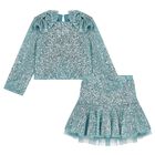 Girls Aqua Embellished Sequin Skirt Set , 1, hi-res