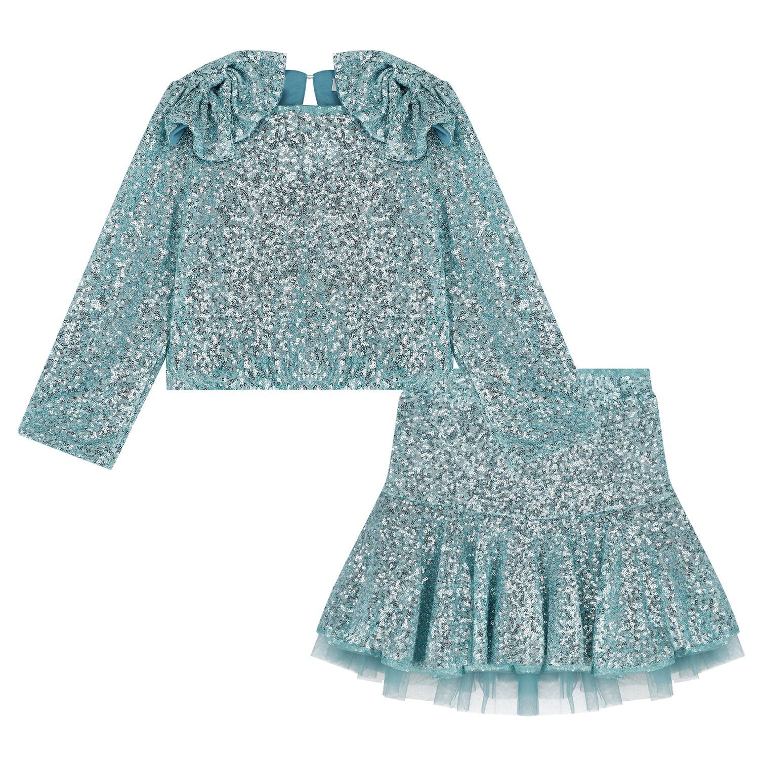 Girls Aqua Embellished Sequin Skirt Set , 1, hi-res