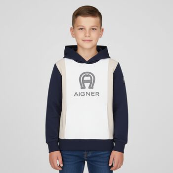 Boys Navy Blue & White Logo Hooded Top