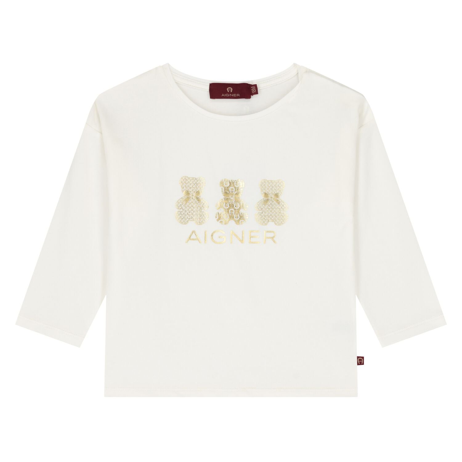 Younger Girls Ivory & Gold Teddy Bear Logo Long Sleeve Top , 1, hi-res