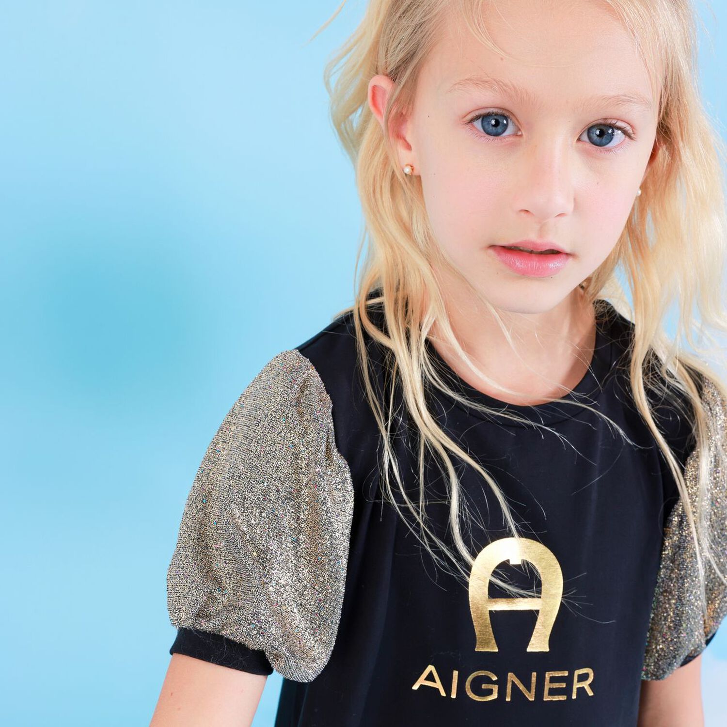 Girls Black & Gold Logo Dress, 1, hi-res