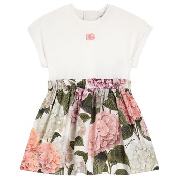 طقم فستان بنات مزين بالزهور باللون الوردى والعاجى 